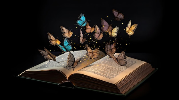 Book with beautiful lighty butterflies coming out of it Black background Generative AI