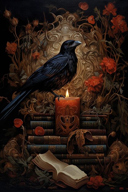 a book with a bird on the top of it and a candle that says  raven