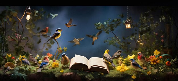 Photo a book with birds and plants on it