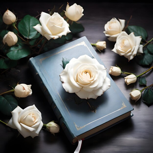 book with a blue cover and white rose