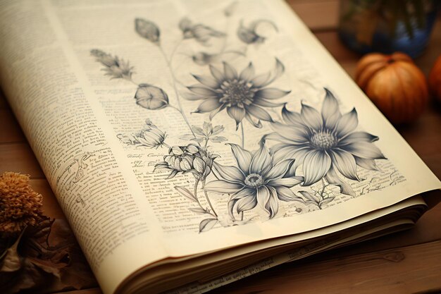 Книга с синим цветком открыта на странице с надписью "цветы".