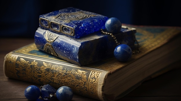 A book with blue stones on top of it