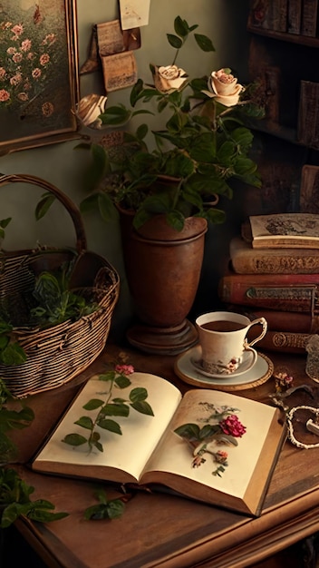 A book with a book on it and a cup of tea on the table.