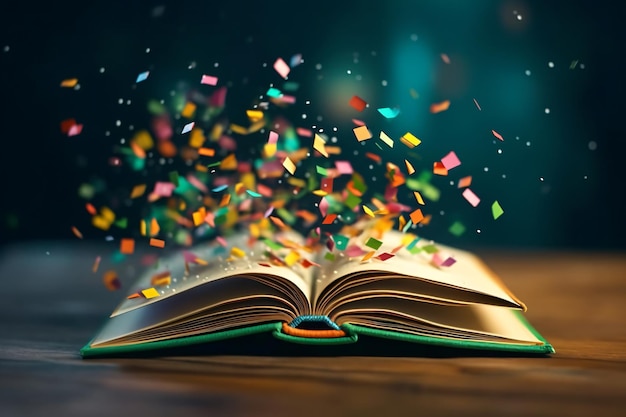 A book with a book open and confetti falling on the pages