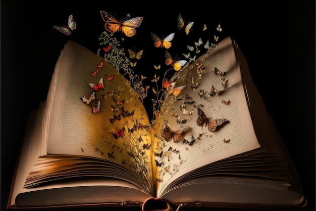 A book with butterflies flying out of it