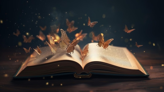 A book with butterflies flying out of it
