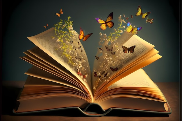 A book with butterflies flying out of it