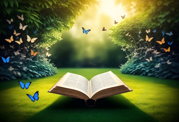 a book with butterflies on the pages and a book with the sun behind it