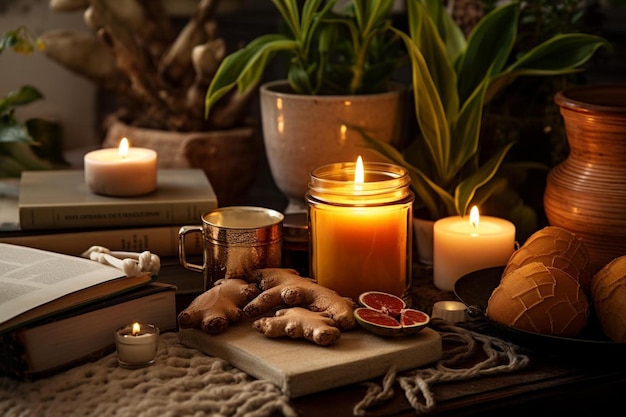 a book with a candle and a book on it