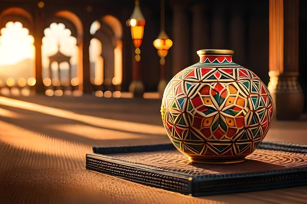 A book with a colorful design on it sits on a table.