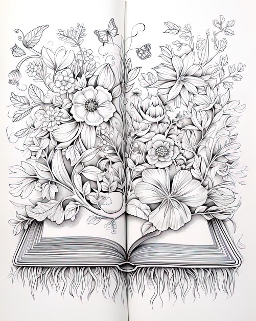 a book with a drawing of a butterfly and flowers on it