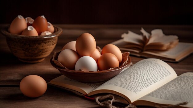 A book with eggs on a table next to a bowl of egg