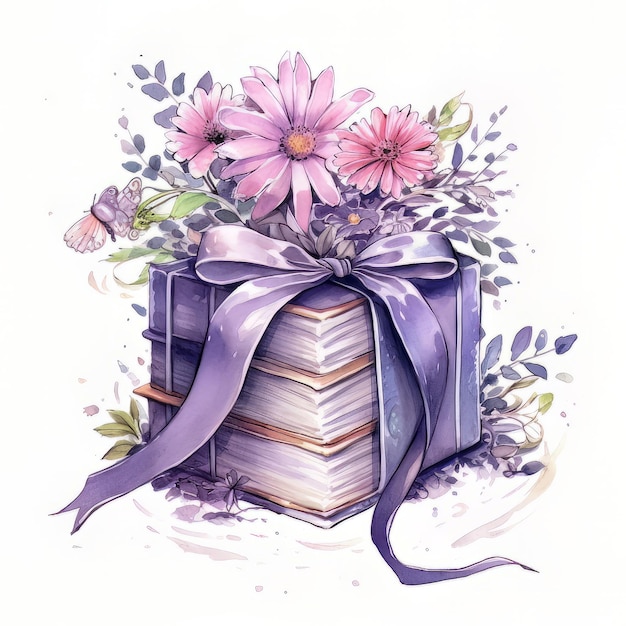 A book with flowers on it and a purple ribbon