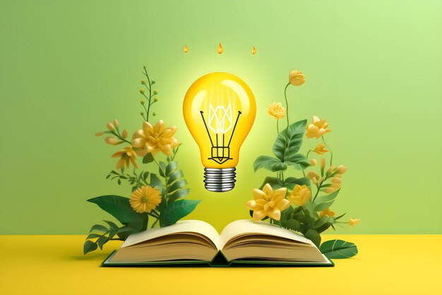 A book with flowers and a light bulb