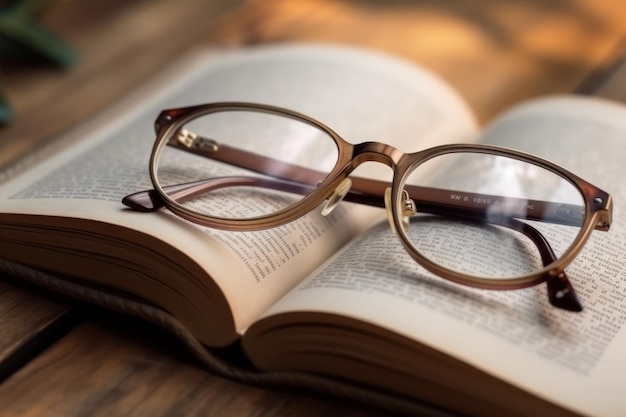 A book with glasses on it that says " the time is 7 : 30 "