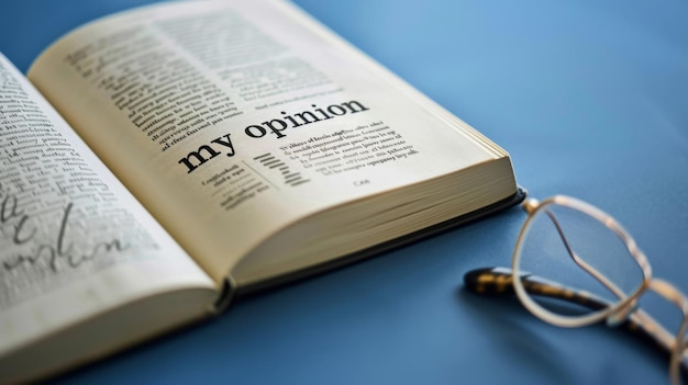 Photo a book with glasses on it and the word hy opinion