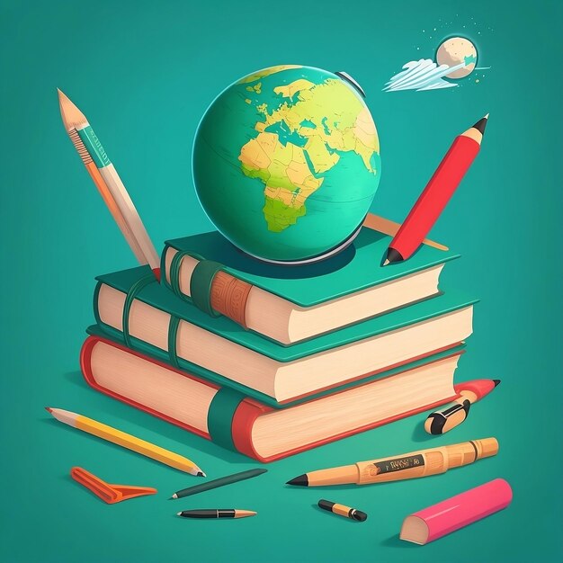 a book with a globe on it and a pencil on the top