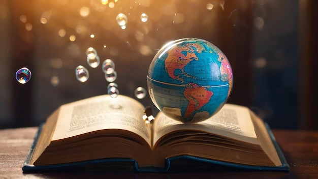 a book with a globe on top of it and the words world on the bottom