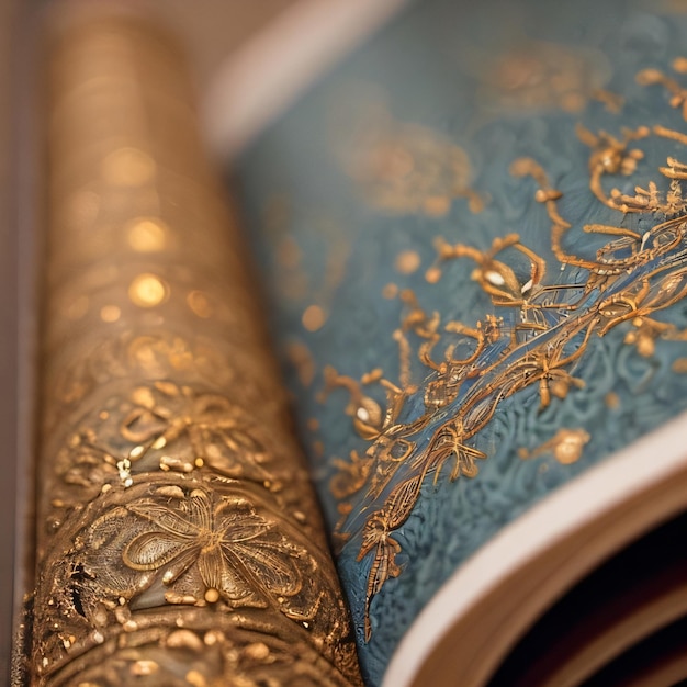 A book with gold and blue pages and a page that says " the word " on it. "