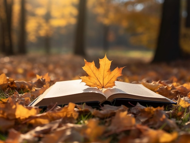 A book with a leaf on it in the fall