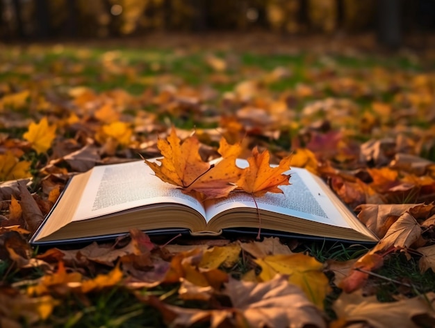 A book with a leaf on it is open to a page that says'autumn'on it