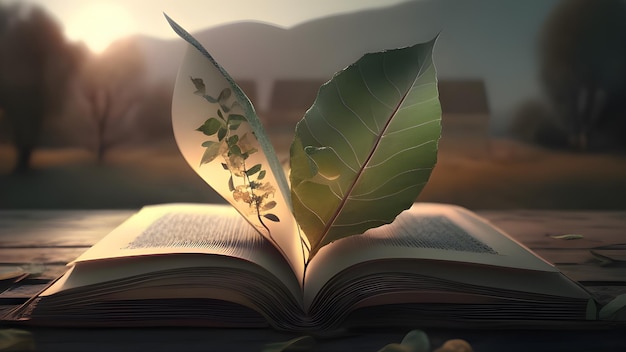 A book with a leaf on it that is open to a sunset