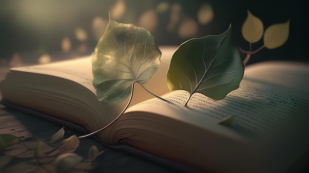 A book with leaves on it and a flower on the left side.