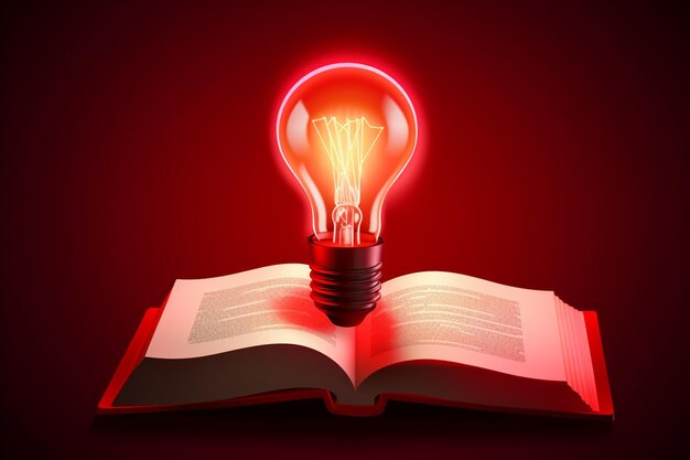 A book with a light bulb on it that is lit up with red light on it