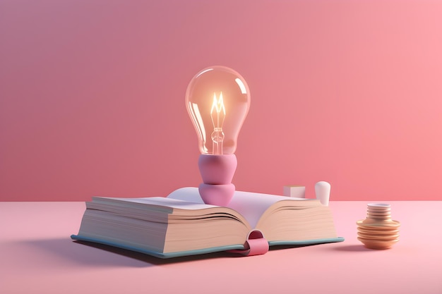 A book with a lightbulb on it and a stack of papers on the table.