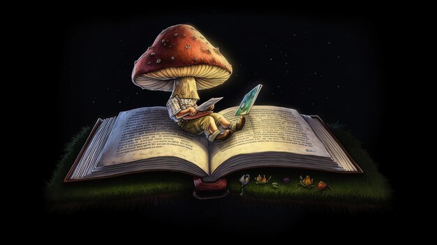 Photo a book with a man reading a book with a book titled mushroom