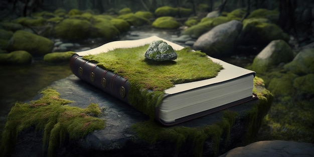 A book with moss on it and a green moss on the top.