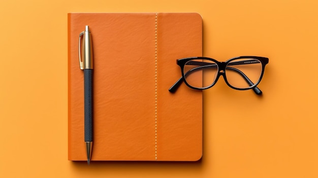 A book with a pen and glasses on a orange background
