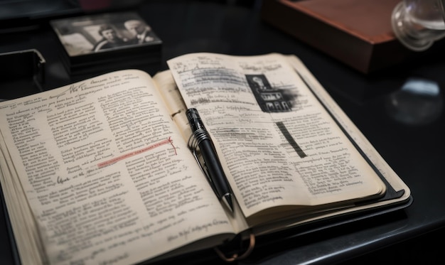 A book with a pen on it and a pen on the right side of it.