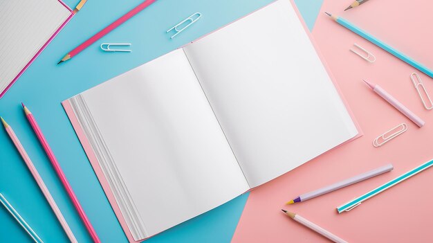 a book with pencils and pencils on a pink and blue table