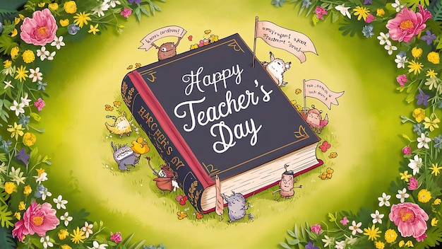 Photo a book with a picture of a happy teachers day written by teacher