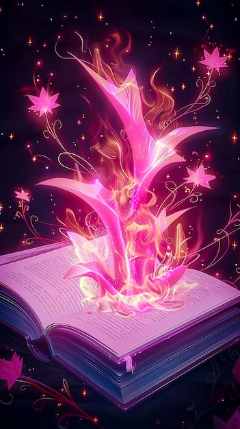 book with pink fire and stars in the style of nightcore love and romance flowing forms