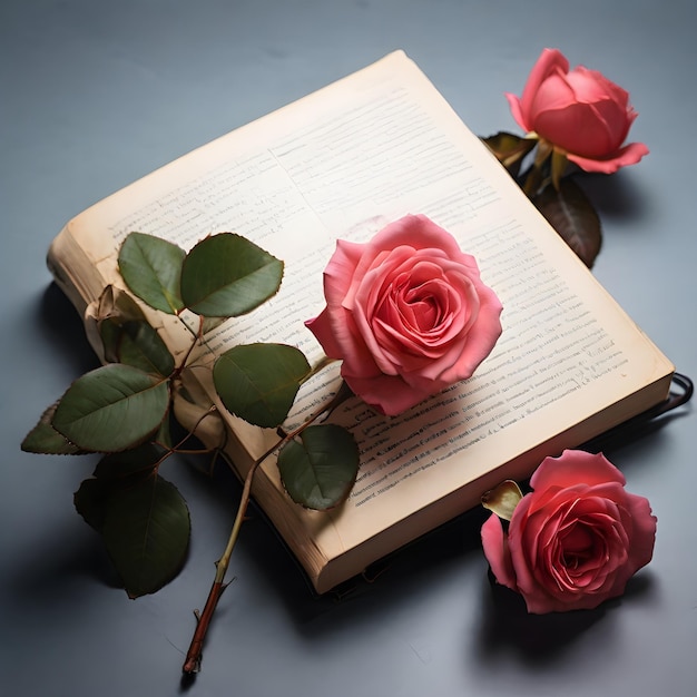 book with pink rose