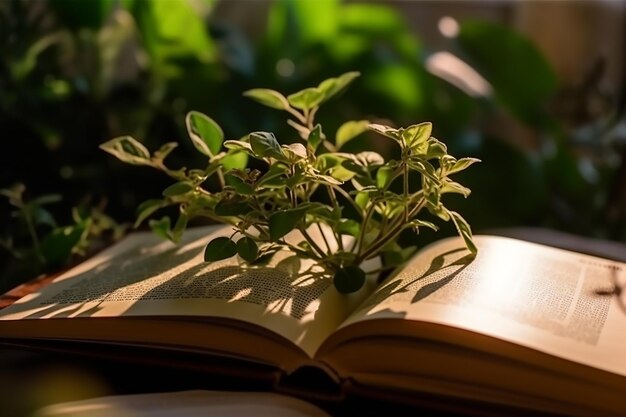 A book with a plant growing