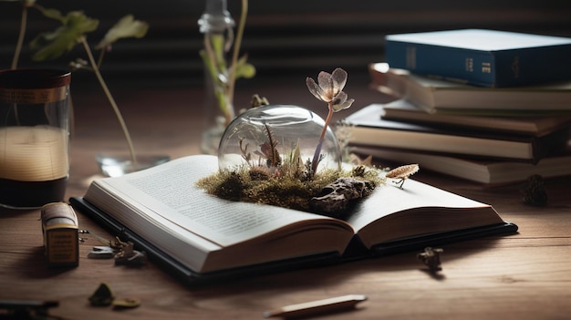 Foto un libro con una pianta in alto è aperto e la scritta 