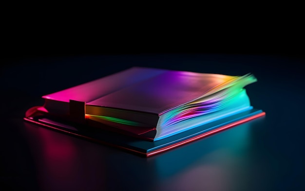 A book with a rainbow colored cover sits on a table.