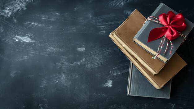 Photo a book with a red cover sits on a blackboard with a red book in the middle