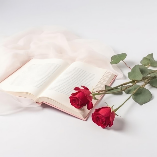 A book with red roses on it next to a book