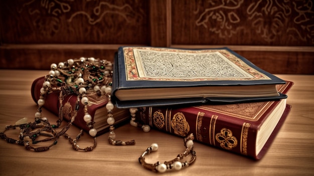 A book with a rosary on it sits on a table.