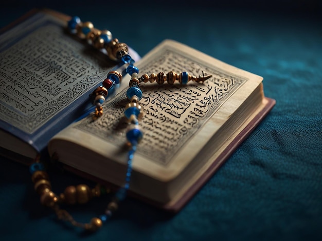 Photo a book with a rosary on the top of it