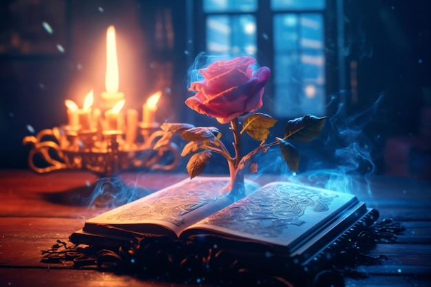 a book with a rose on it sitting on a table