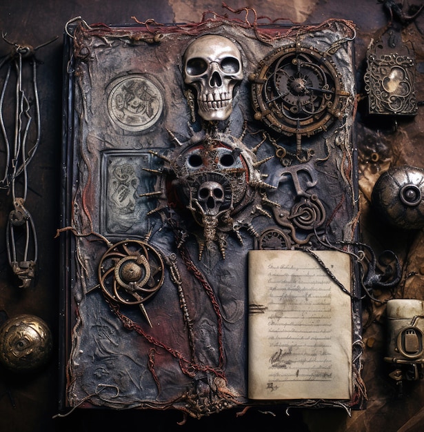 A book with a skull and other items on it