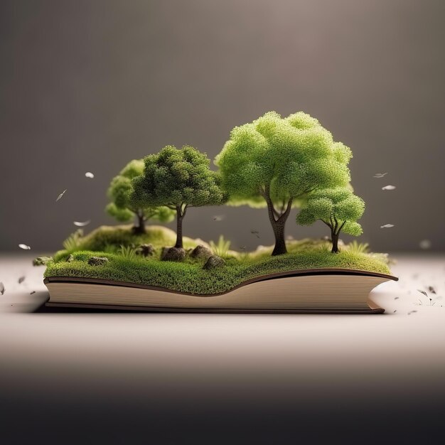 A book with a small island with trees on it