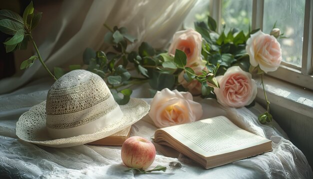 A book with a straw hat and a bouquet of flowers on the windowsill