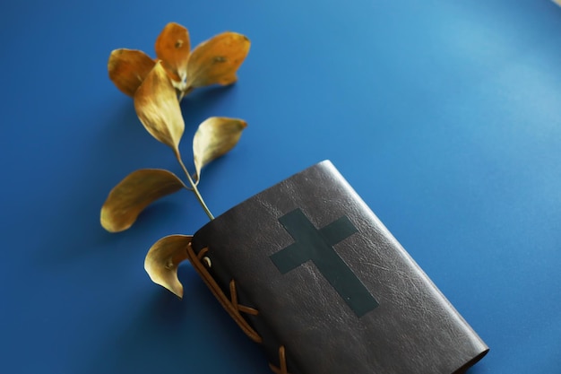 십자가의 상징이 있는 책 성경 연구 종교 책 기도