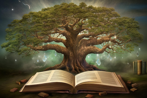 A book with a tree in the background